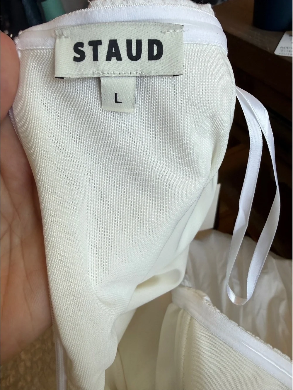 STAUD Strapless White Midi Dress with Textured Bodice and Flowing Skirt - Picture 8 of 10